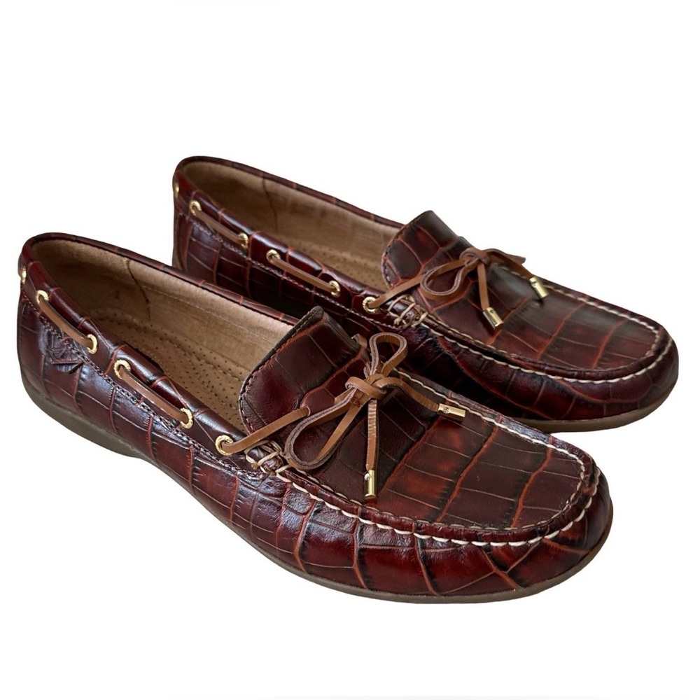 EUC Sperry Top-Siders Brown Crocodile-Embossed Pattern Boat Shoes/Loafers 8M